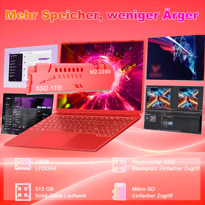 2025 Gaming Laptop 16 Zoll Win11 12+512GB SSD Unterstützung 2TB(HDD-2TB) 1920x1200 Notebook 4-Core Celeron N5095 (bis 2.9GHz) Laptop mit Nummerntastatur WiFi Mini HDMI Deutscher Tastaturschutz-Rot