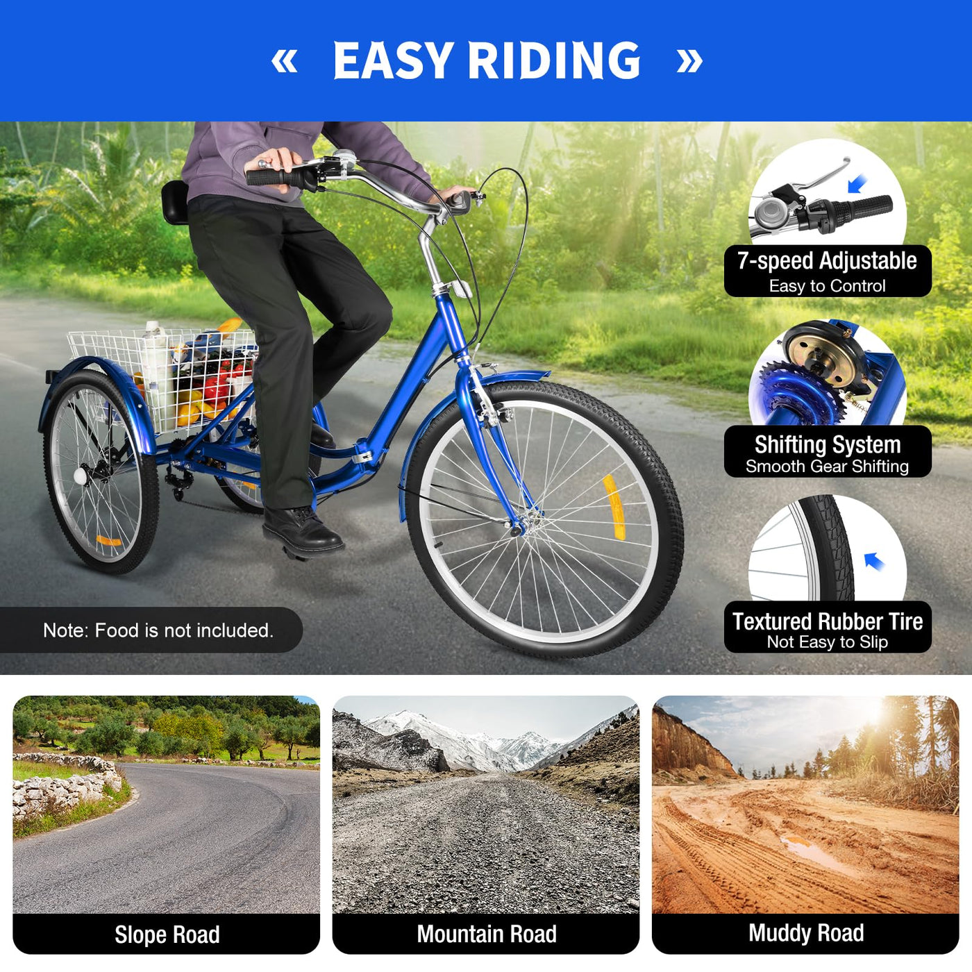 Taozhiyy 24 Zoll Dreirad Erwachsene, Faltbar 3 Rad Fahrrad, 7 Speed 3 Räder Cruise Bike mit Korb Rückenlehne, Trike Tricycle Scheibenbremse Belastung 120kg (Blau)