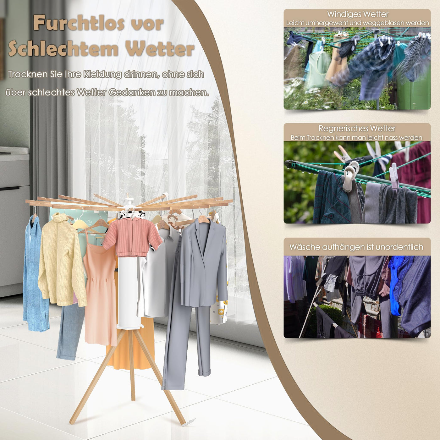 UISEBRT Wäscheständer Tragbar Trockengestell Faltbar Octopus Wäscheständer mit Holzstange Platzsparend Trockenständer für Drinnen Bodenwäscheständer Turmwäscheständer für Balkon Schlafzimmer