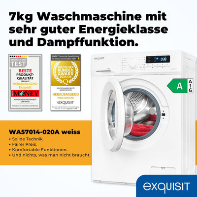 Exquisit Waschmaschine 7kg, Energieeffizienzklasse A, max. 1400 U/Min, Kurzprogramm, Mixprogramm, Startzeitvorwahl (3-24 Std.), Aquastop, 12 Waschprogramme, WA57014-020A weiss