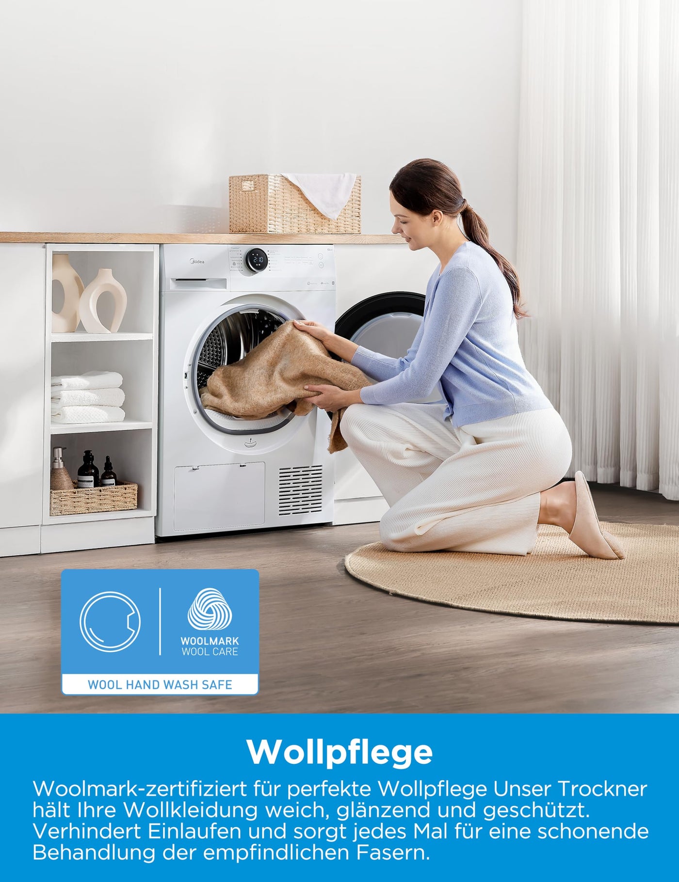 Midea MD20EH100WB-A3 Wärmepumpentrockner/ 10 kg/EEK A+++ / UV Hygience/Knitterschutz/Sanfte Pflege/Auto Dry/Wollpflege/Auffrischen/Fernsteuerung/Startzeitvorwahl/Weiß