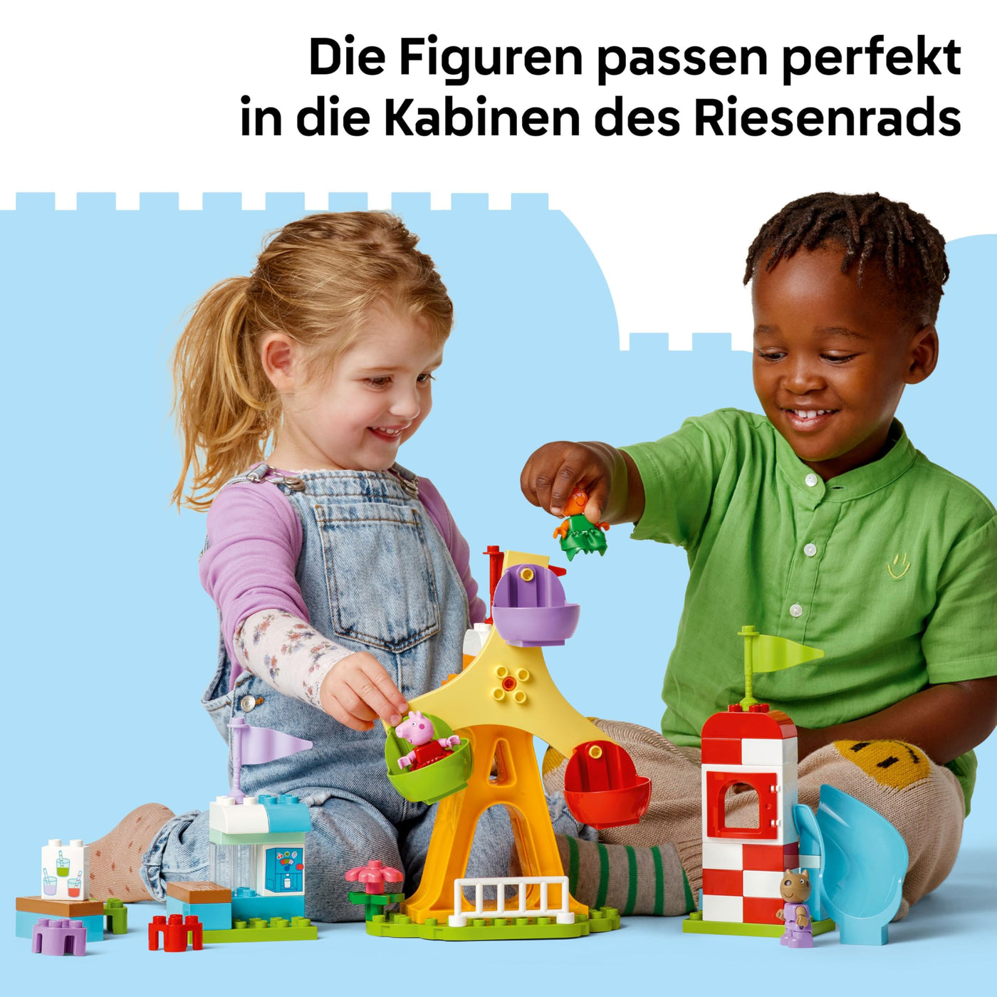 LEGO DUPLO Peppa Wutz Jahrmarkt - Montessori Spielzeug - Motorikspielzeug für Kinder ab 2 Jahren - Vorschule Spiele mit Riesenrad, Rutsche & 3 Figuren inkl. Mollie Mieze & Klausi Kläff 10453