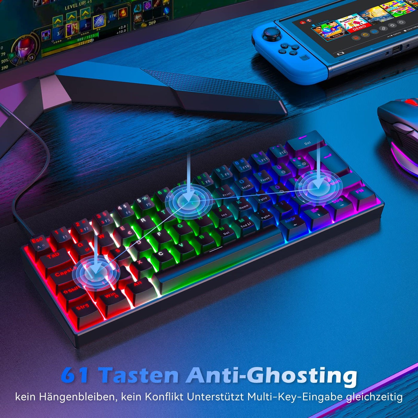 TECURS Mechanische Gaming Tastatur, Mechanische Tastatur 60 Prozent QWERTZ Rote Schalter für PC Gamer und Arbeits, 61 Tasten Kabelgebundene Tastatur für PC Windows/PS5/PS4, Schwarz