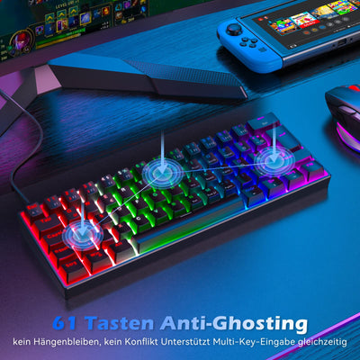 TECURS Mechanische Gaming Tastatur, Mechanische Tastatur 60 Prozent QWERTZ Rote Schalter für PC Gamer und Arbeits, 61 Tasten Kabelgebundene Tastatur für PC Windows/PS5/PS4, Schwarz
