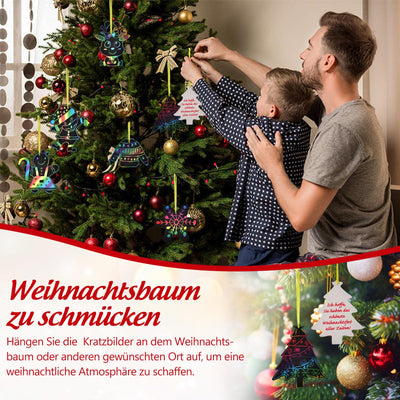 48 Stück Weihnachten Kratzbilder für Kinder, Regenbogen Scratch Art Set Kratzpapier zum Basteln, Scratch Paper mit 8 Holzstiften 48 Bändern Für Weihnachtsdeko, Adventskalender Füllung Für Kinder