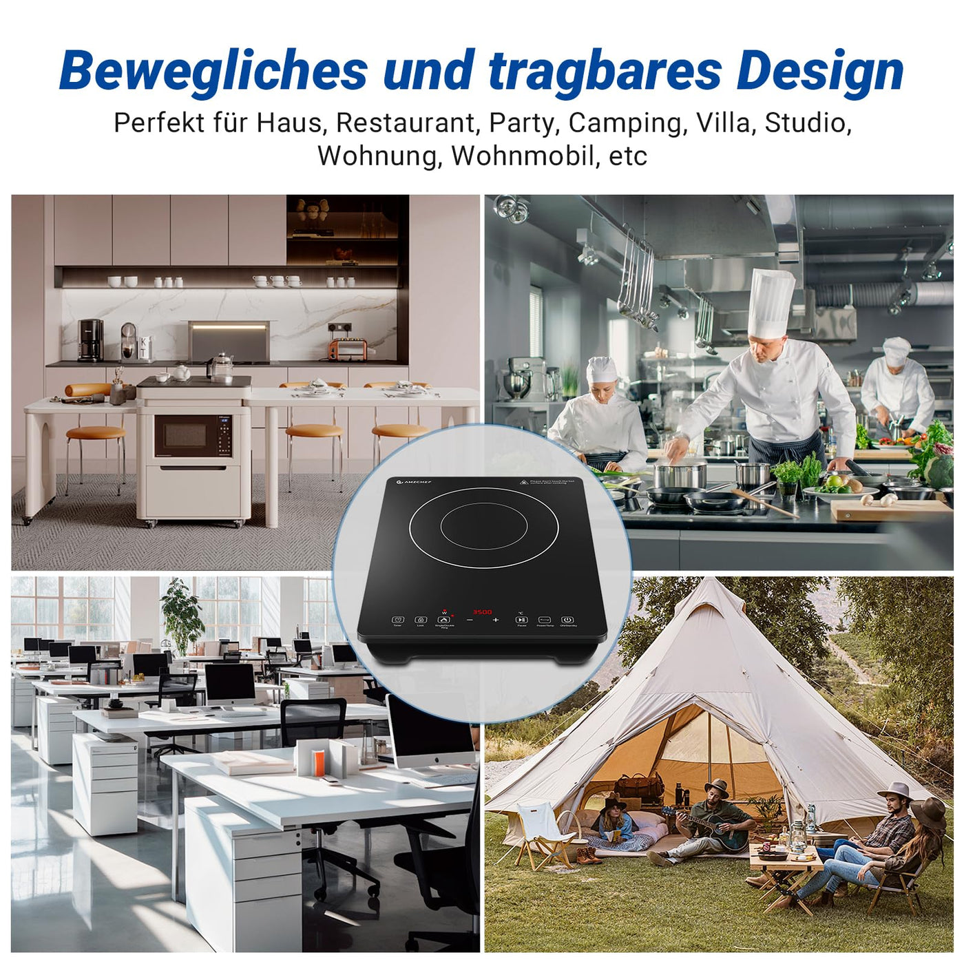 AMZCHEF Einzel Induktionskochplatte, 3500W Induktionskochfeld 1 Platte mit Doppelter Ring, 9 Leistungs- und Temperaturstufen, Sicherheitssperre, Pausenfunktion, Zeitschaltuhr, Überhitzungsschutz