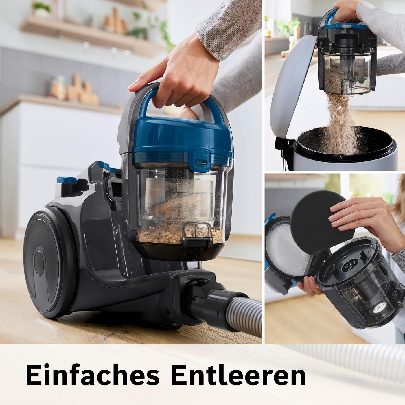 Bosch Staubsauger beutellos Clean´n Serie 2 BGC05A220A, Bodenstaubsauger, Bodendüse für Parkett, Teppich, Fliesen, Hygiene-Filter, langes Kabel, leise, leicht, 700 W, blau