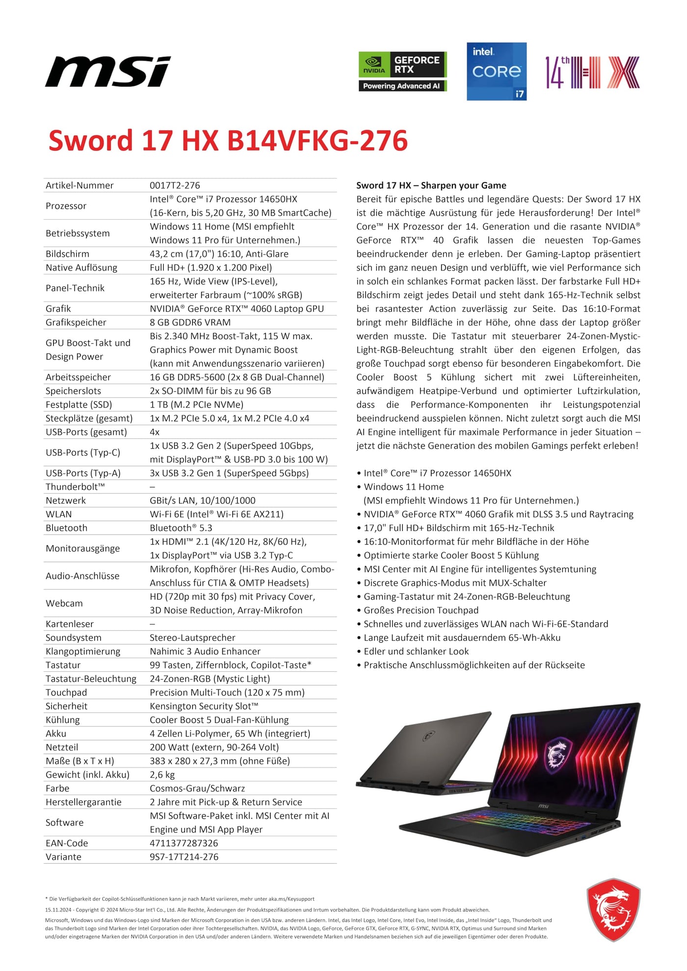 MSI Sword 17 HX, Gaming Laptop, 17,0" FHD+, Intel® Core™ i7 Prozessor 14650HX, 16 GB DDR5-5600 RAM, 1 TB, NVIDIA® GeForce RTX™ 4060, Windows 11 Home, QWERTZ Tastatur, B14VFKG-276