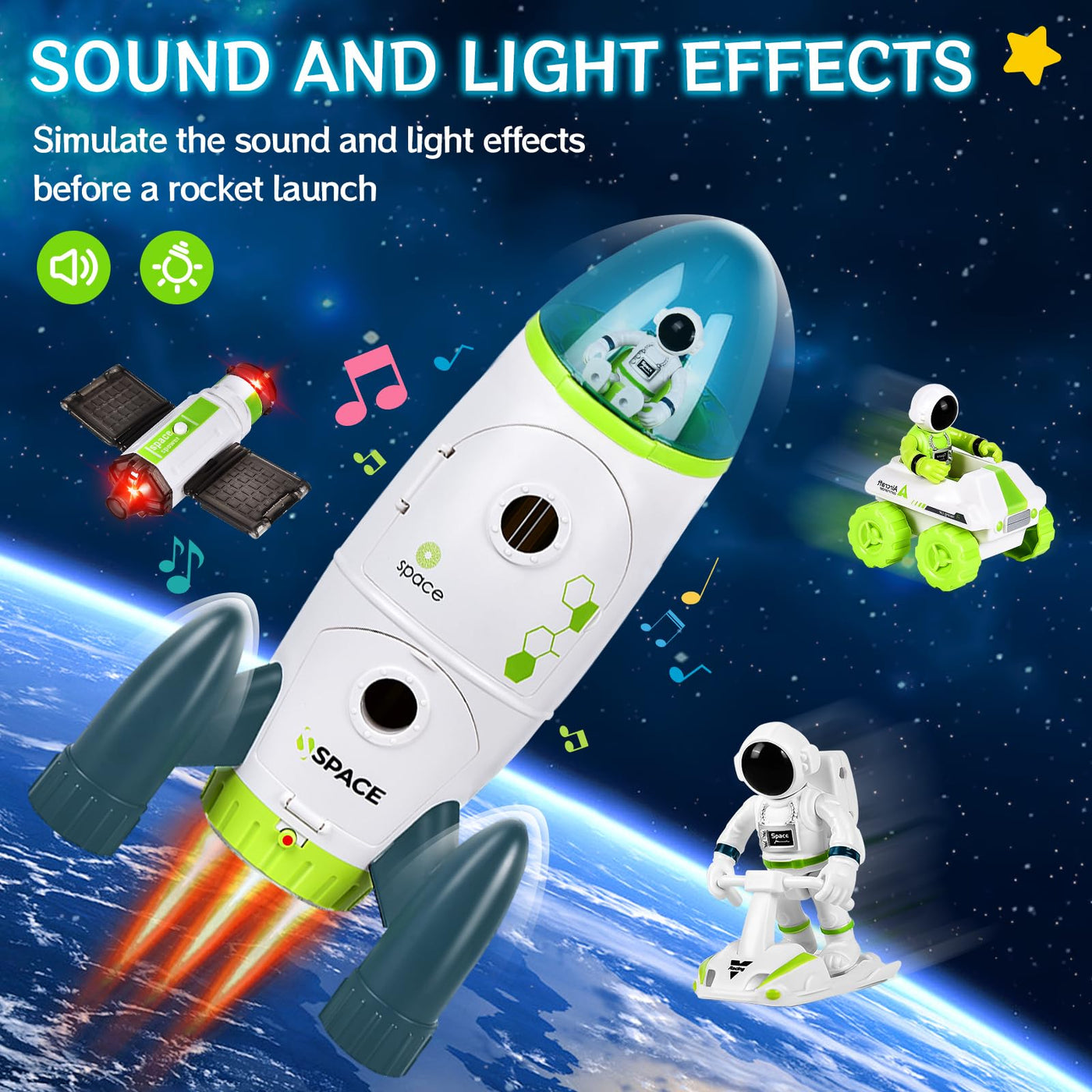 Aragallant Space Rakete Spielzeug für Kinder, Space Shuttle mit Licht-und Soundeffekten, Weltraum Spielzeug-Set mit Astronauten, Space Rover und Satelliten, Geschenk für Jungen Mädchen ab 3 Jahren