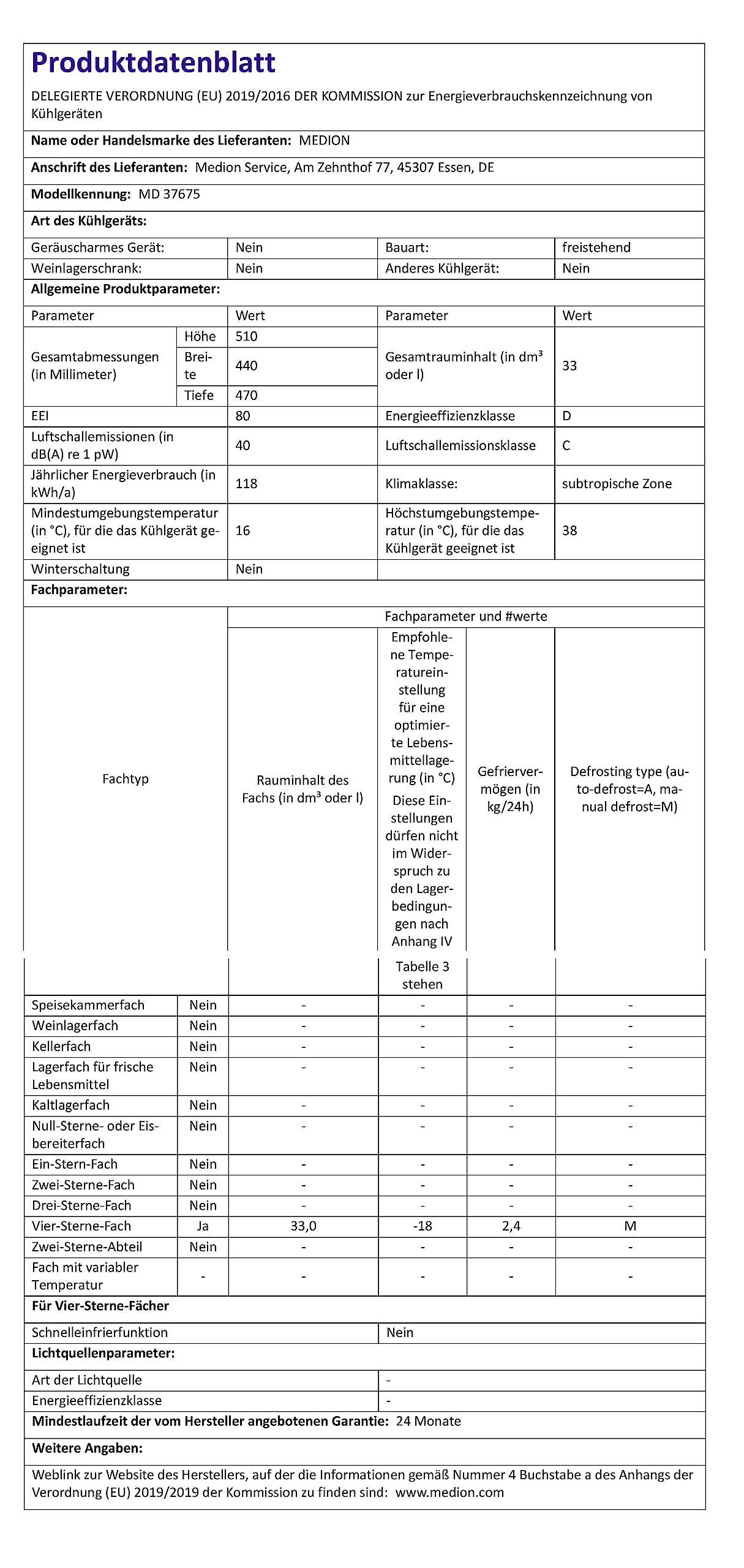 MEDION Mini Gefrierschrank (33 Liter Nutzinhalt, 51cm hoch, höhenverstellbare Füße, Griffmulde, manuelle Temperatureinstellung, Stern-Einstufung 4 Sterne, MD37675)