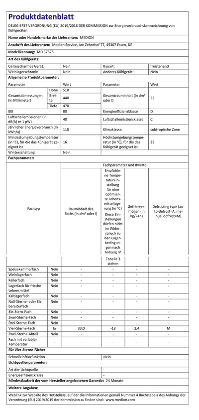 MEDION Mini Gefrierschrank (33 Liter Nutzinhalt, 51cm hoch, höhenverstellbare Füße, Griffmulde, manuelle Temperatureinstellung, Stern-Einstufung 4 Sterne, MD37675)
