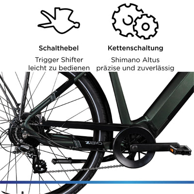 ZÜNDAPP Ebike Herren 28 Zoll Trekkingfahrrad | E Bike 8 Gänge 175-195 cm Elektro Fahrrad | E-Bike Elektrofahrrad mit hydraulischen Scheibenbremsen | Z810 (dunkelgrün metallic, 52 cm)