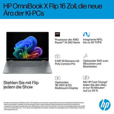 HP OmniBook X Flip 2in1 Next Gen AI Laptop | AMD Ryzen AI 7 350 (8C) | dedizierte NPU für KI | 50NPU Tops | Copilot+ PC | 16" 3K 2880x1800 OLED-Touchscreen | 16GB | 1TB SSD | Win11 | QWERTZ | Silber