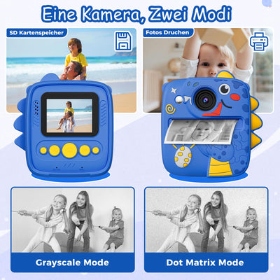 Kinderkamera Sofortbildkamera, 1080P HD 48MP Sofortbildkamera Kinder, Digitalkamera Kinder mit 32GB TF Karte, 3 Rollen Druckpapier & Dinosaurier Silikon Schutzhülle, Geschenk für Junge ab 3-12 Jahren