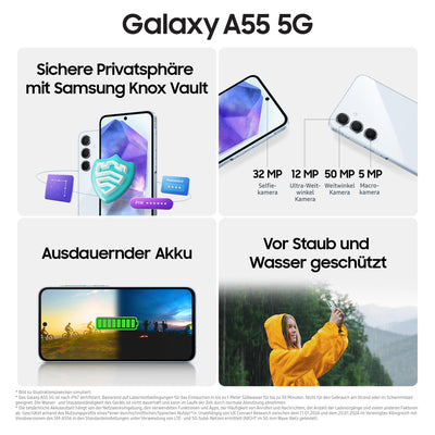 Samsung Galaxy A55 5G Smartphone, Android-Handy ohne Vertrag, 256 GB / 8 GB RAM, 2 Tage Akkulaufzeit, 50-MP-Kamera, Awesome Navy, 2,5 Jahre Herstellergarantie
