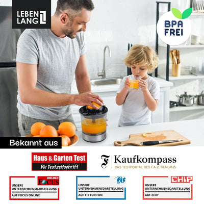 LEBENLANG Zitronenpresse elektrisch hohe Saftausbeute – Saftpresse, Orangenpresse 2 Drehrichtungen – Elektrische Fruchtpresse 2 Kegel - Orangen Edelstahl Zitruspresse