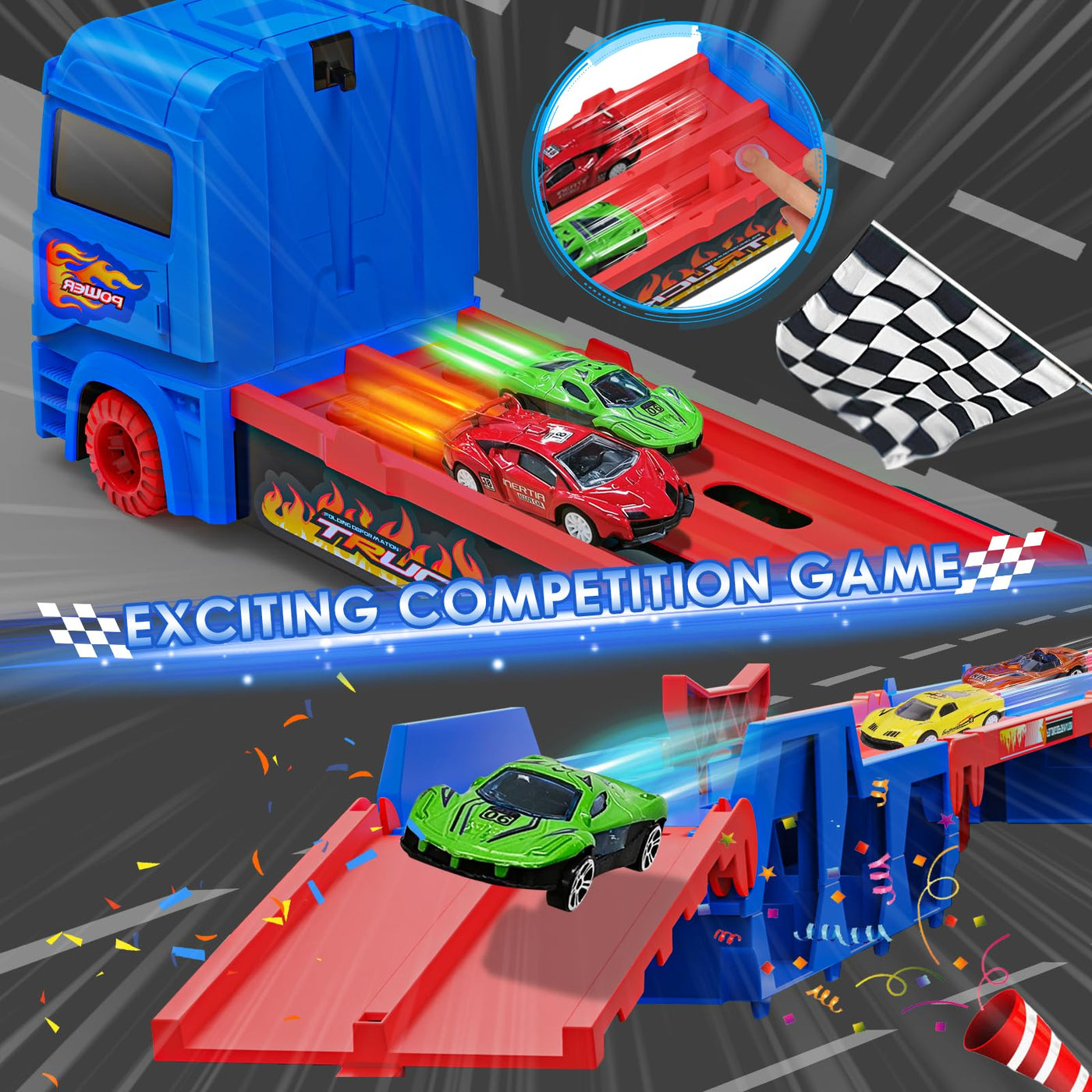 maysida Transport Truck Spielzeugautos für Jungen 3, 4, 5, 6 Jahren, 165cm&Faltbare Rennbahn Truck mit 10 Autos Spielzeug-4 Rückziehautos&6 Rennautos, Transporter Spielzeug-Kinder Geschenke für jungen