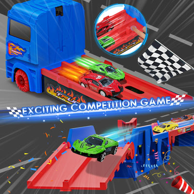 maysida Transport Truck Spielzeugautos für Jungen 3, 4, 5, 6 Jahren, 165cm&Faltbare Rennbahn Truck mit 10 Autos Spielzeug-4 Rückziehautos&6 Rennautos, Transporter Spielzeug-Kinder Geschenke für jungen