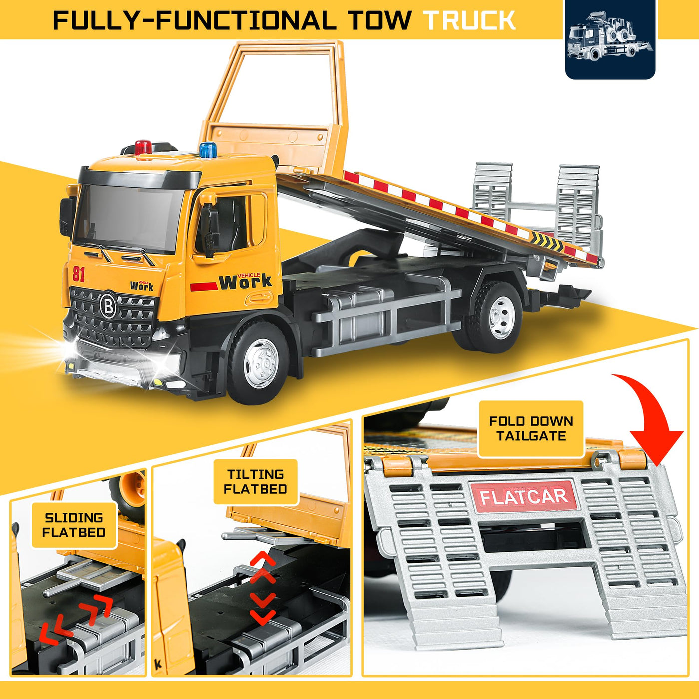 FUYLEY Abschleppwagen Spielzeug, Metallkabine Flachbett Abschleppwagen Spielzeug für Jungen Alter 3-7 mit Baggerlader, Reibung angetrieben Anhänger Baufahrzeuge mit Lichtern Sounds