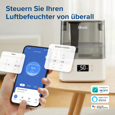 LEVOIT 6L Luftbefeuchter Top-Fill Humidifier Wlan 28dB mit APP & Alexa Steuerung, Auto & Schlafmodus, Ultra Leise 60H Ultraschall Raumluftbefeuchter mit Kinderzimmer Schlafzimmer bis 47m², Grau