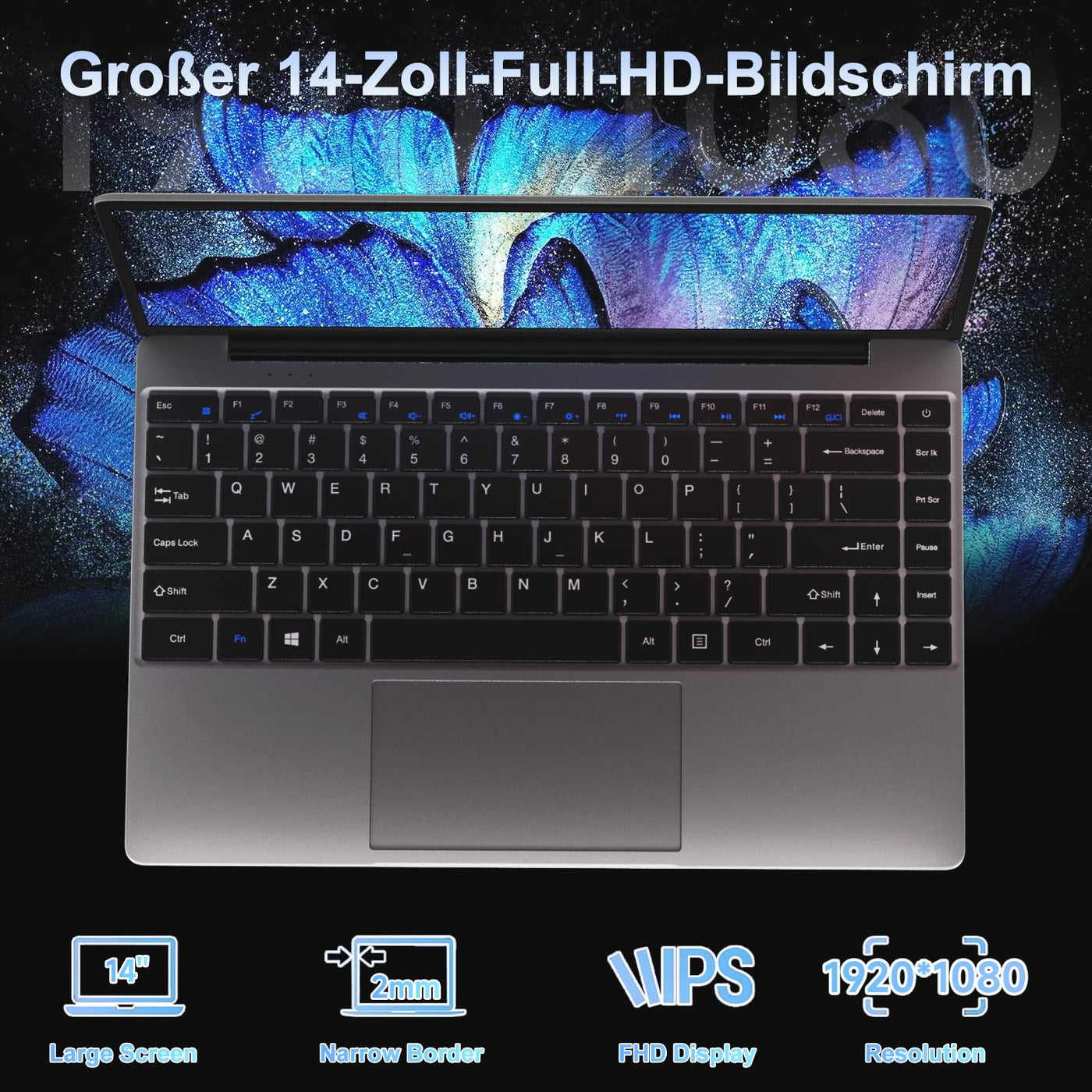 NOTODD 2025 Laptop 14 Zoll Win 11 Pro 6GB RAM 256GB SSD Unterstützung 1TB (TF 1TB) Notebook Celeron N4020 (bis2.8GHz) 5000mAh 1920x1080p WiFi Deutscher Tastaturschutz und kabellose Maus-Grey