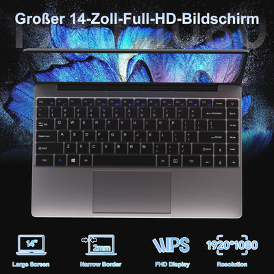NOTODD 2025 Laptop 14 Zoll Win 11 Pro 6GB RAM 256GB SSD Unterstützung 1TB (TF 1TB) Notebook Celeron N4020 (bis2.8GHz) 5000mAh 1920x1080p WiFi Deutscher Tastaturschutz und kabellose Maus-Grey