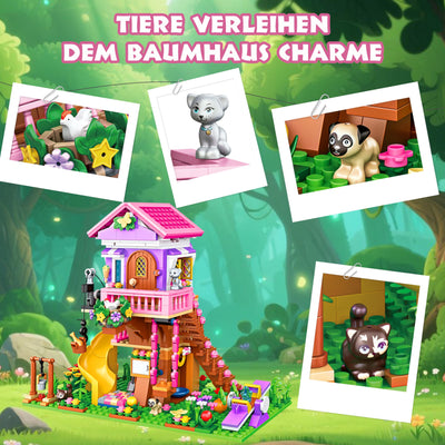 Charmofun Baumhaus Bausteine Set mit LED Licht, 685 Teile Klemmbausteine Haus, Technik Baumhaus mit Rutsche, Haus Bauspielzeug Geschenke für Kinder Mädchen Jungen ab 8 9 10 11 12+ Jahre