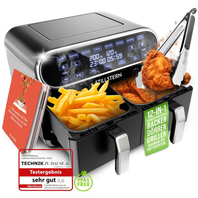 Stillstern Dual Zone Heißluftfritteuse 8L [für 1-8 Pers], 2400W, NEU: HeatingFlow Technologie, 80-200°C, Shake-Funktion, 120 Rezepte [DEUTSCH], 8 Programme, Dörren, Auftauen&Warmhalten, Air Fryer