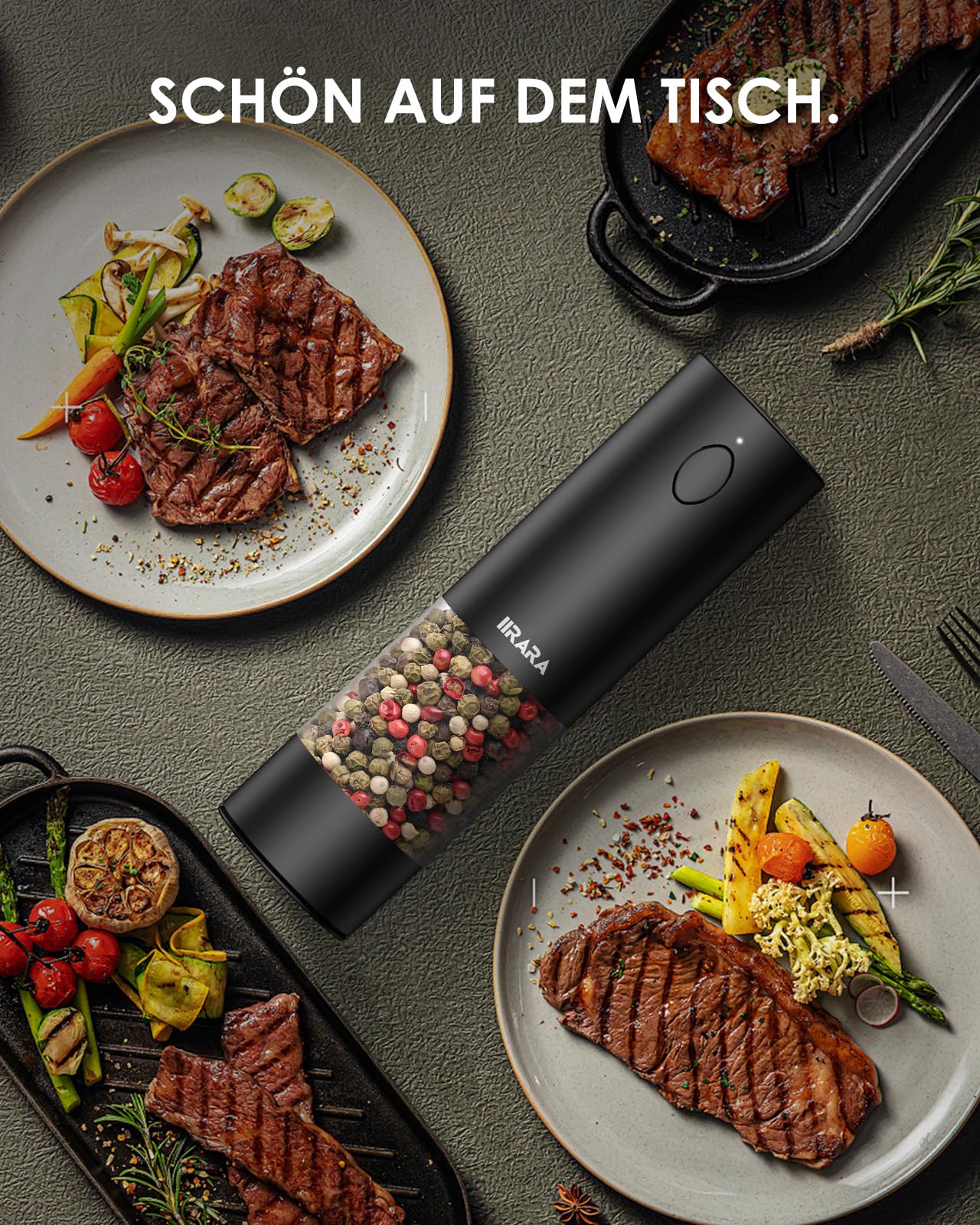 IIRARA Salz und Pfeffermühlen elektrisch 2er Set mit einstellbarem Keramikmahlwerk, Gewürzmühle elektrisch mit LED-Licht Type-c Wiederaufladbar Einhandbedienung mit Reinigungspinsel Löffel schwarz