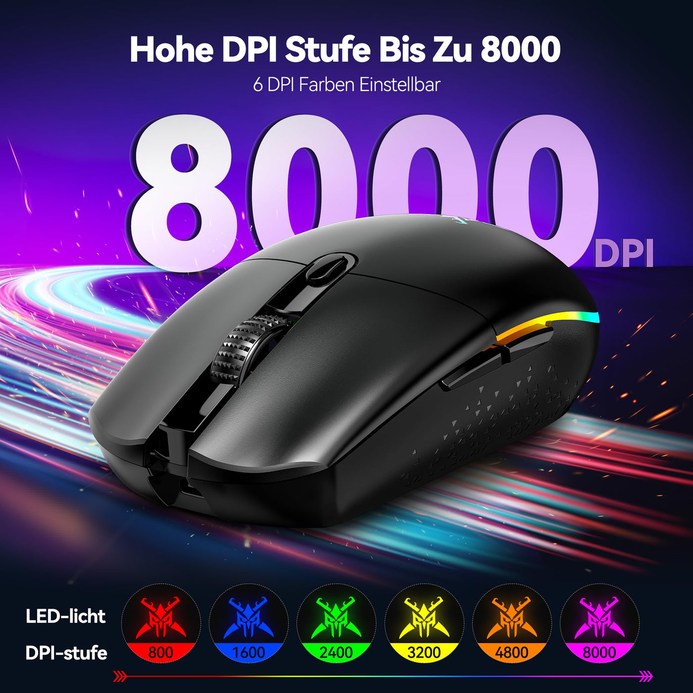 TECKNET Kabellose Gaming-Maus, 8000 DPI Wiederaufladbare Gaming Maus, Dual-Modus 2,4 G und Kabelgebundene Maus, 6 RGB-Modi, PC Gaming Mouse mit Programmierbaren Tasten, für Windows XP/11/10/8/7, etc