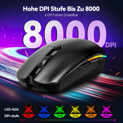 TECKNET Kabellose Gaming-Maus, 8000 DPI Wiederaufladbare Gaming Maus, Dual-Modus 2,4 G und Kabelgebundene Maus, 6 RGB-Modi, PC Gaming Mouse mit Programmierbaren Tasten, für Windows XP/11/10/8/7, etc