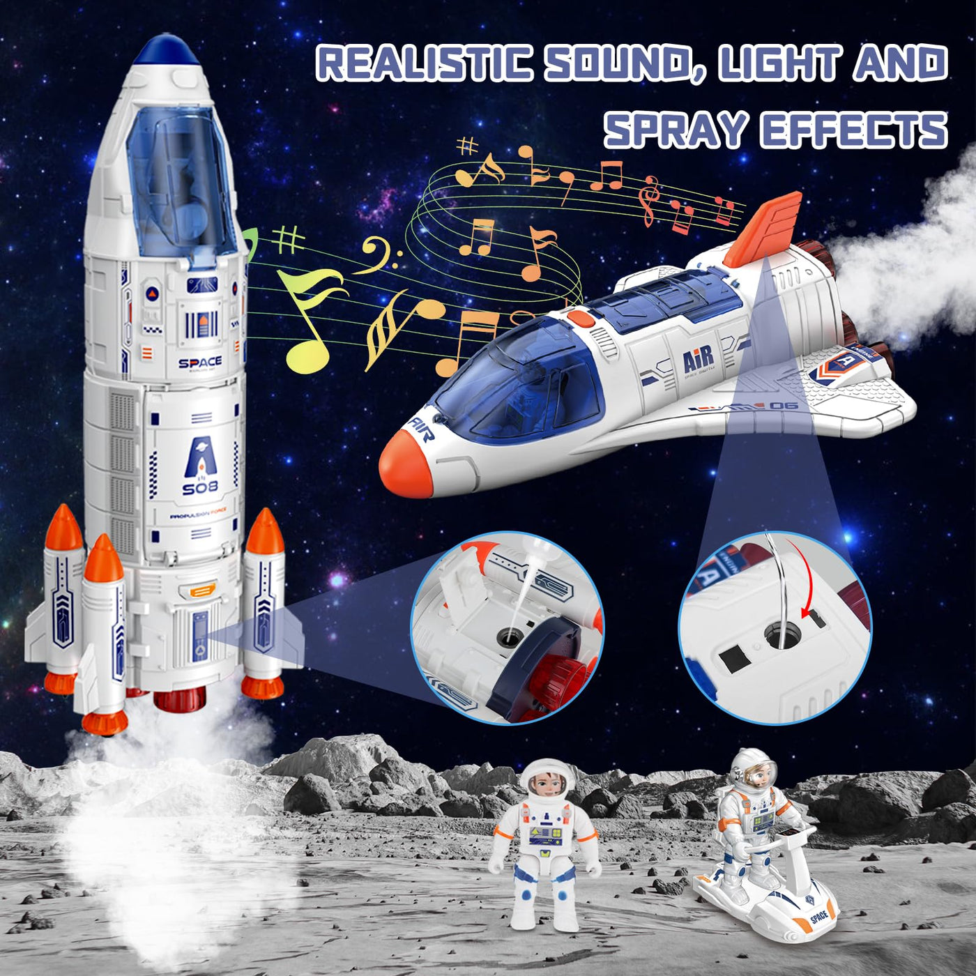 deAO Space Shuttle Rakete Spielzeug mit Licht & Sound, Rauchfunktionen, 5 In1 STEM Wissenschaft Lernspielzeug Projektionslampe Weltraumspielzeug, mit 4 Astronauten, Geschenk für 4 - 9 Junge Mädchen