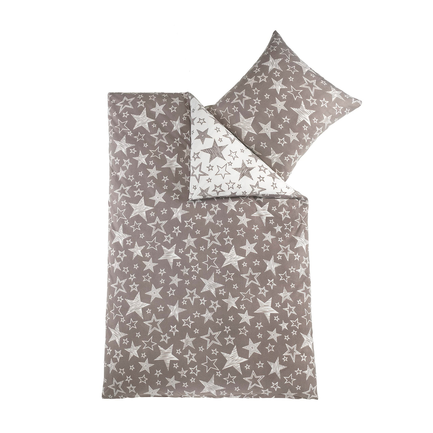 BaSaTex 135x200 Microfaser Flausch Bettwäsche Sterne grau Weiss Taupe Fleece Thermofleece 4tlg.Set