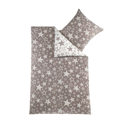 BaSaTex 135x200 Microfaser Flausch Bettwäsche Sterne grau Weiss Taupe Fleece Thermofleece 4tlg.Set