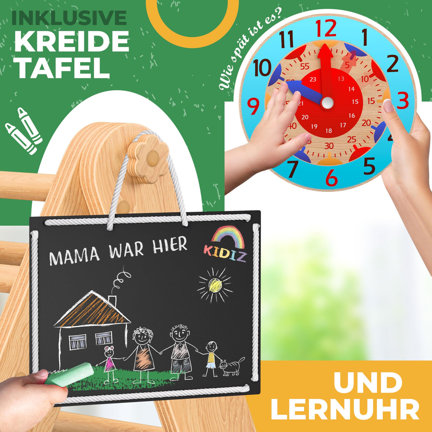 Kidiz® Klettergerüst Montessori 7in1 Spiel-Set mit Kletterbogen Rutsche Kletterdreieck aus Holz inklusive Kissen, Tafel & Lern-Uhr | Indoor Spielplatz für Kleinkinder ab 1 Jahr & Kinder bis 3 Jahre
