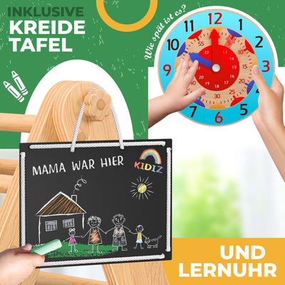 Kidiz® Klettergerüst Montessori 7in1 Spiel-Set mit Kletterbogen Rutsche Kletterdreieck aus Holz inklusive Kissen, Tafel & Lern-Uhr | Indoor Spielplatz für Kleinkinder ab 1 Jahr & Kinder bis 3 Jahre