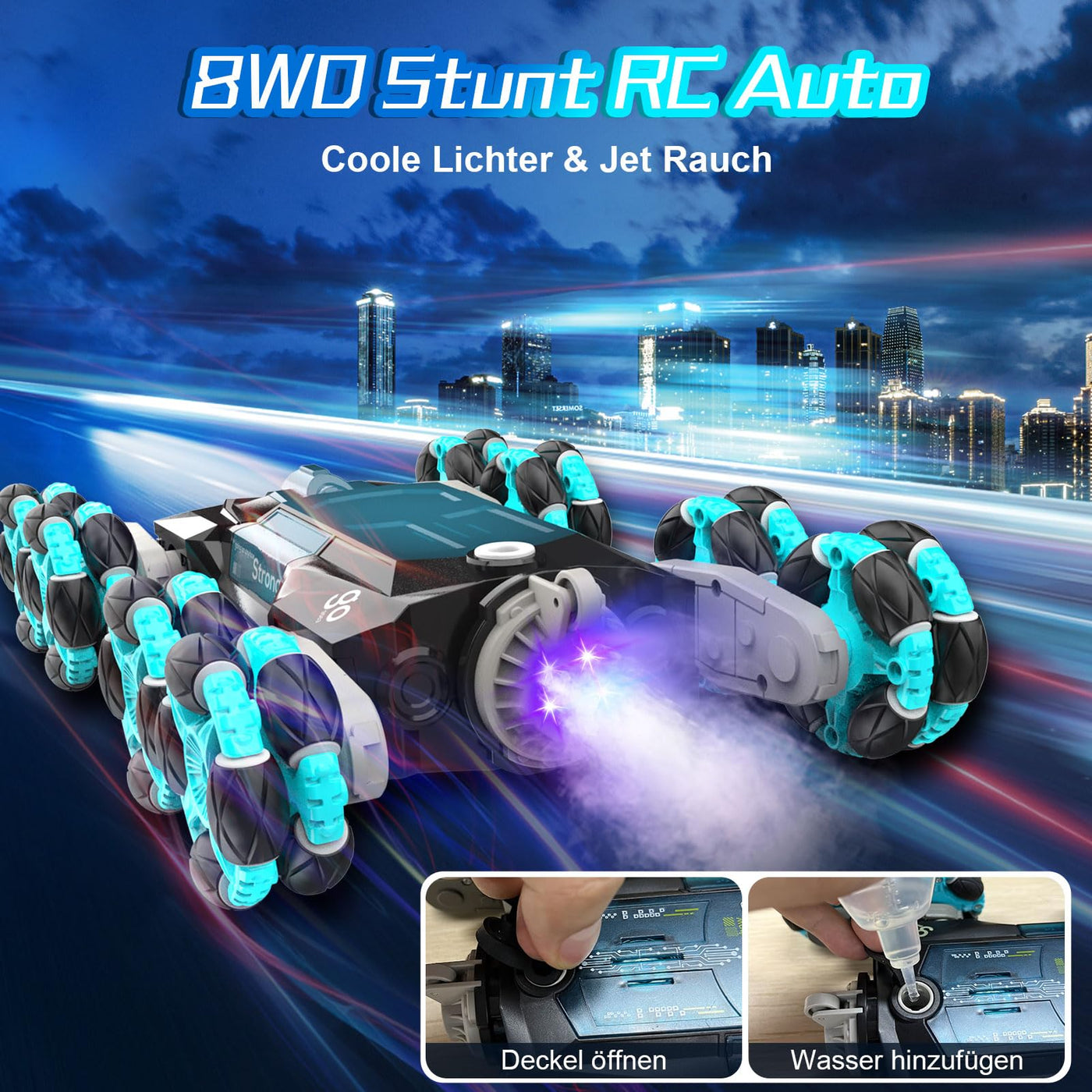 Nauotk Ferngesteuertes Auto, 2,4 GHz Ferngesteuerter RC Auto ab 6 7 8 9 10 11 12 Jahre, 8WD Stunt Drift Car mit Gestensensor, Coole Lichter und Sprühnebel, 2 Akku Spielzeug, Kinder Roboter-Blau