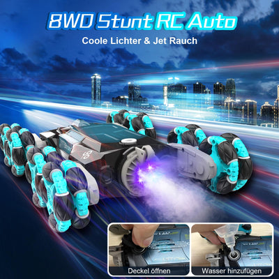 Nauotk Ferngesteuertes Auto, 2,4 GHz Ferngesteuerter RC Auto ab 6 7 8 9 10 11 12 Jahre, 8WD Stunt Drift Car mit Gestensensor, Coole Lichter und Sprühnebel, 2 Akku Spielzeug, Kinder Roboter-Blau