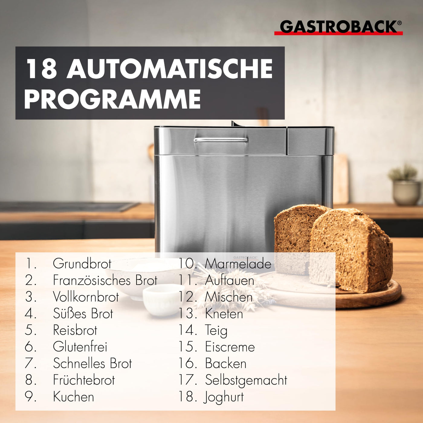 GASTROBACK Brotbackautomat Advance - Vollautomatische Brotbackmaschine + 18 Programmen inkl. Joghurtmaschine, Timer-Funktion, Zutatenfach, Sichtfenster, Brotautomat / Backmaschine in Edelstahl Optik