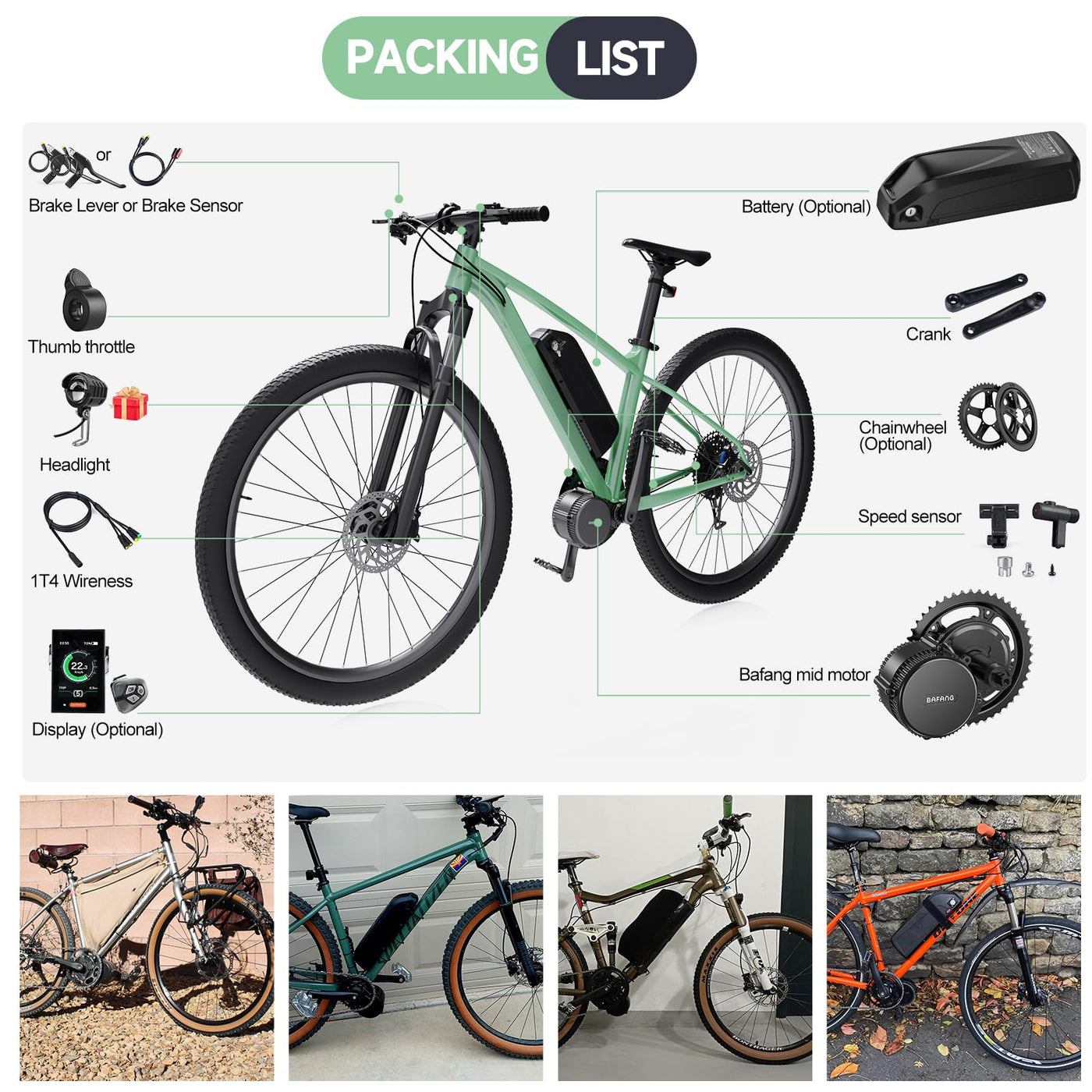 BAFANG Mittelmotor 250W 350W 500W BBS01B G340 Motor mit 36V Akku mit optionalem E-Bike Display Custom E-Bike Umbausätze für BB68mm Mountainbike