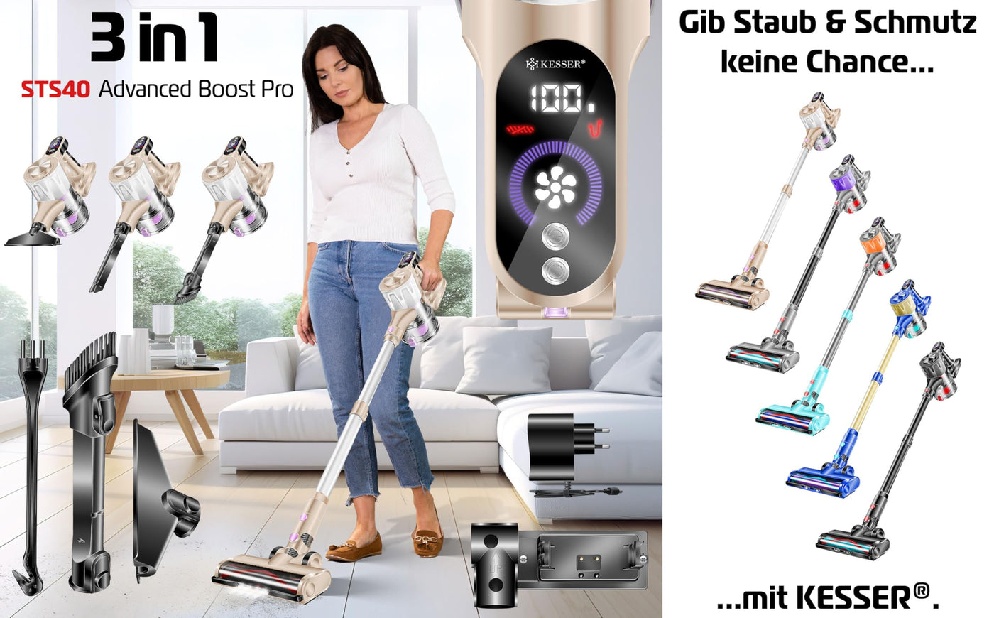 KESSER® Akku-Staubsauger 2in1 | Handstaubsauger ohne Beutel mit HEPA-Filter | Akkusauger bis 45 Min. Laufzeit + Fugendüse & Staubbürste | LED-Licht XL Staubbehälter für Hartböden Teppich Tierhaare
