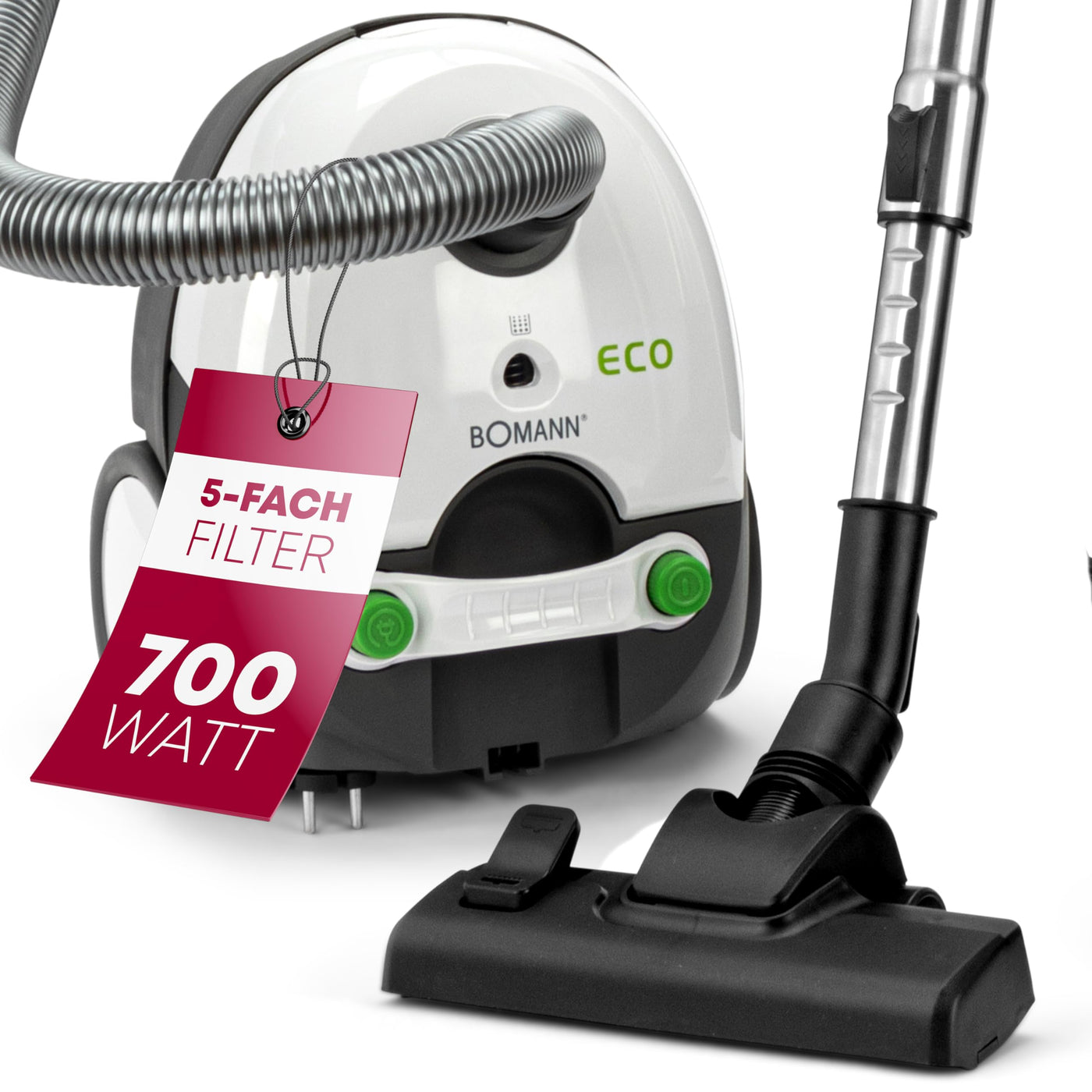 Bomann® Bodenstaubsauger mit energiesparenden 700 Watt | Staubsauger mit 5-Fach Mikrofiltersystem | Sauger mit Beutel | Umschaltbare Bodenbürste und Bürsten-/Fugendüse | BS 9019 CB N weiß