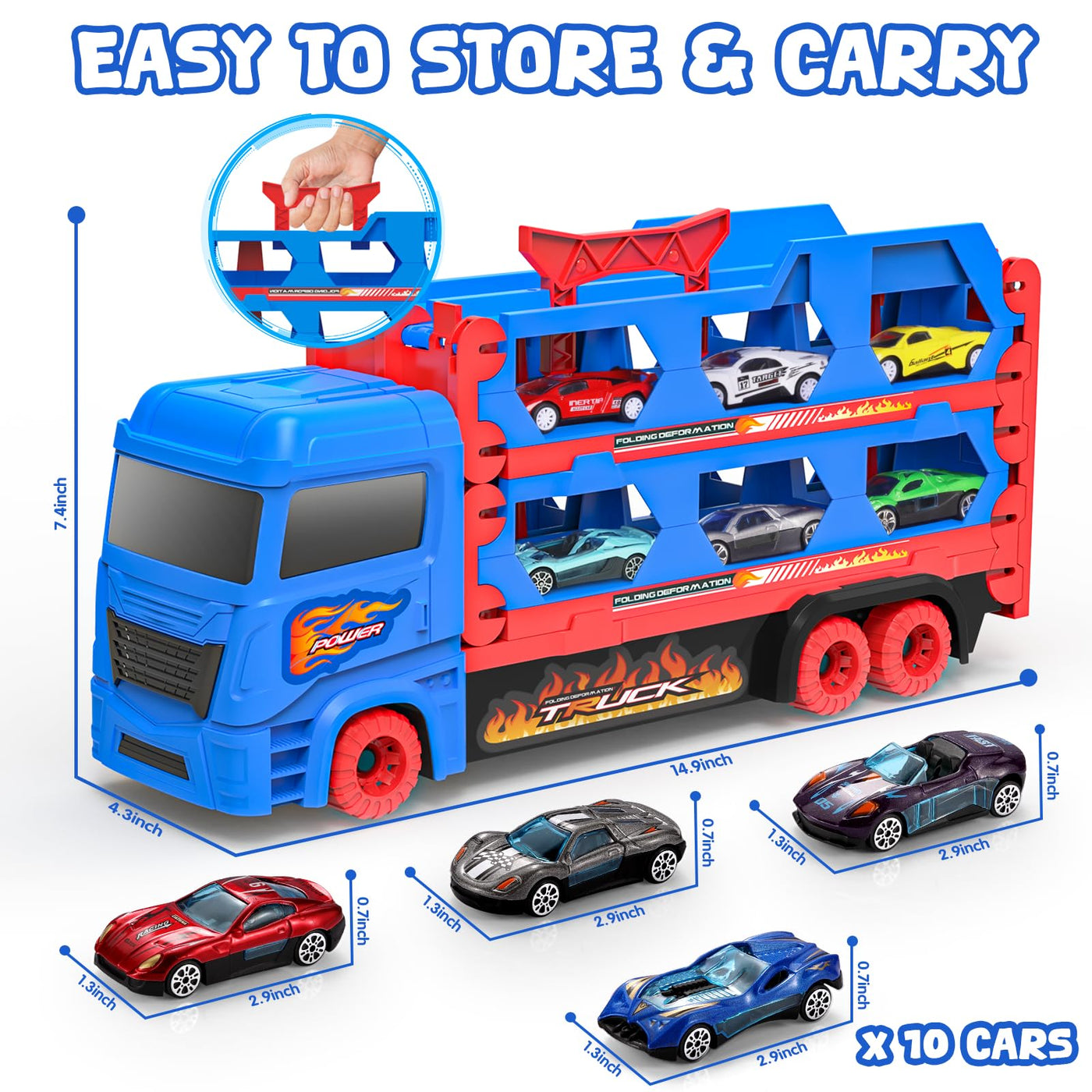 maysida Transport Truck Spielzeugautos für Jungen 3, 4, 5, 6 Jahren, 165cm&Faltbare Rennbahn Truck mit 10 Autos Spielzeug-4 Rückziehautos&6 Rennautos, Transporter Spielzeug-Kinder Geschenke für jungen