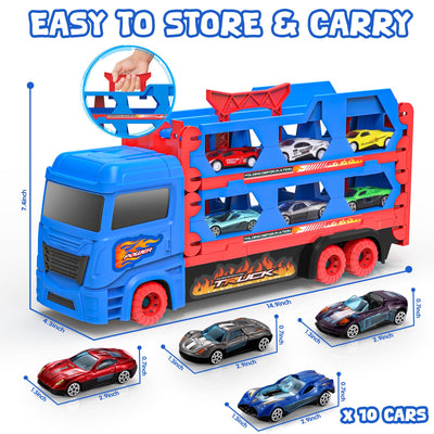 maysida Transport Truck Spielzeugautos für Jungen 3, 4, 5, 6 Jahren, 165cm&Faltbare Rennbahn Truck mit 10 Autos Spielzeug-4 Rückziehautos&6 Rennautos, Transporter Spielzeug-Kinder Geschenke für jungen