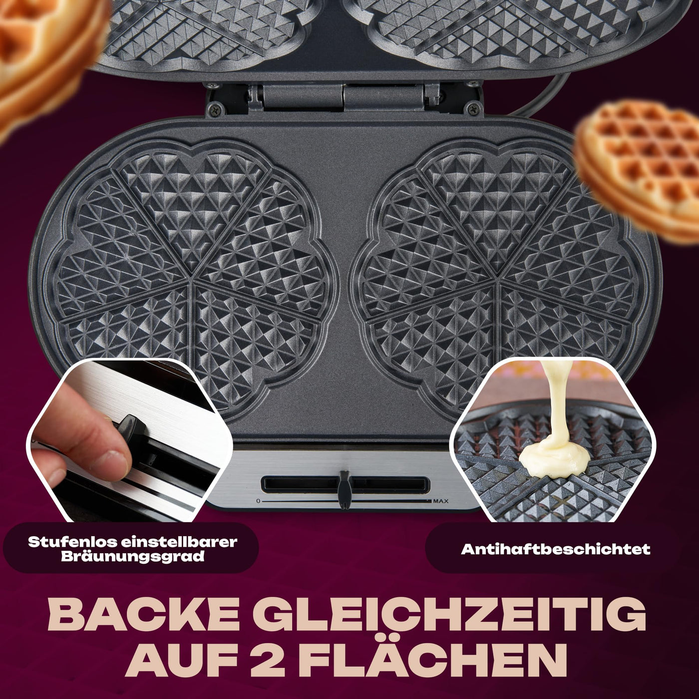 Clatronic Waffeleisen mit 2 antihaftbeschichteten Backflächen | Waffeleisen Herzform stufenlos einstellbarer Bräunungsgrad & Backampel | 2 Waffeln pro Backvorgang in wenigen Minuten | 1200W | WA 3745
