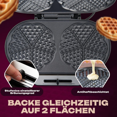 Clatronic Waffeleisen mit 2 antihaftbeschichteten Backflächen | Waffeleisen Herzform stufenlos einstellbarer Bräunungsgrad & Backampel | 2 Waffeln pro Backvorgang in wenigen Minuten | 1200W | WA 3745