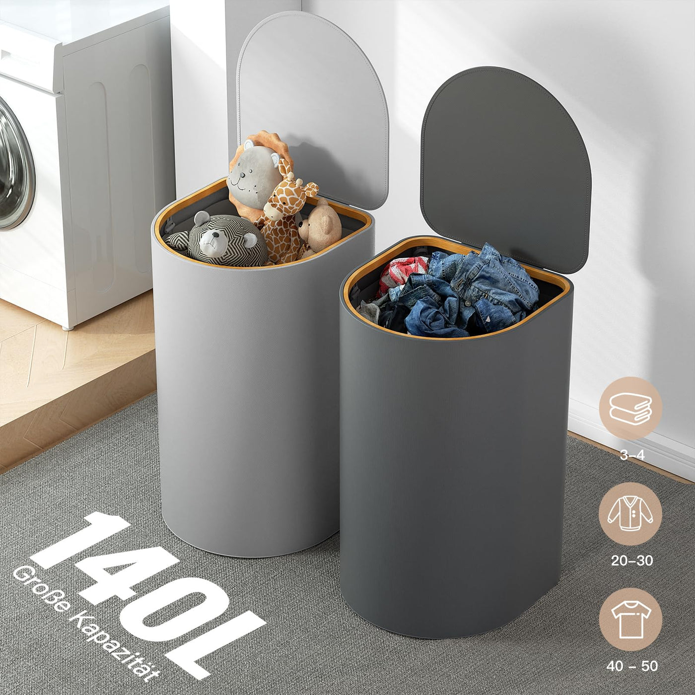 HELLKOPF 2er Pack Wäschekorb mit Deckel 140L Groß Kapazität - Wäschesammler mit 2 Fächer zum Sortieren der Schmutzwäsche, 4 Abnehmbar Innensäcke, Faltbare Laundry Baskets und Einfach zu Montieren