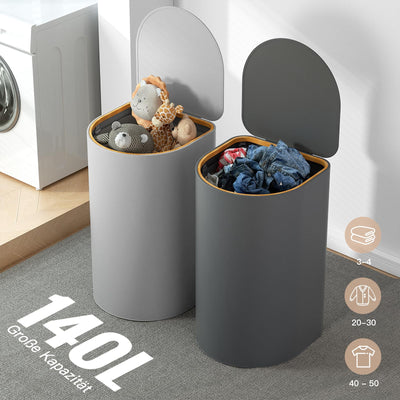 HELLKOPF 2er Pack Wäschekorb mit Deckel 140L Groß Kapazität - Wäschesammler mit 2 Fächer zum Sortieren der Schmutzwäsche, 4 Abnehmbar Innensäcke, Faltbare Laundry Baskets und Einfach zu Montieren
