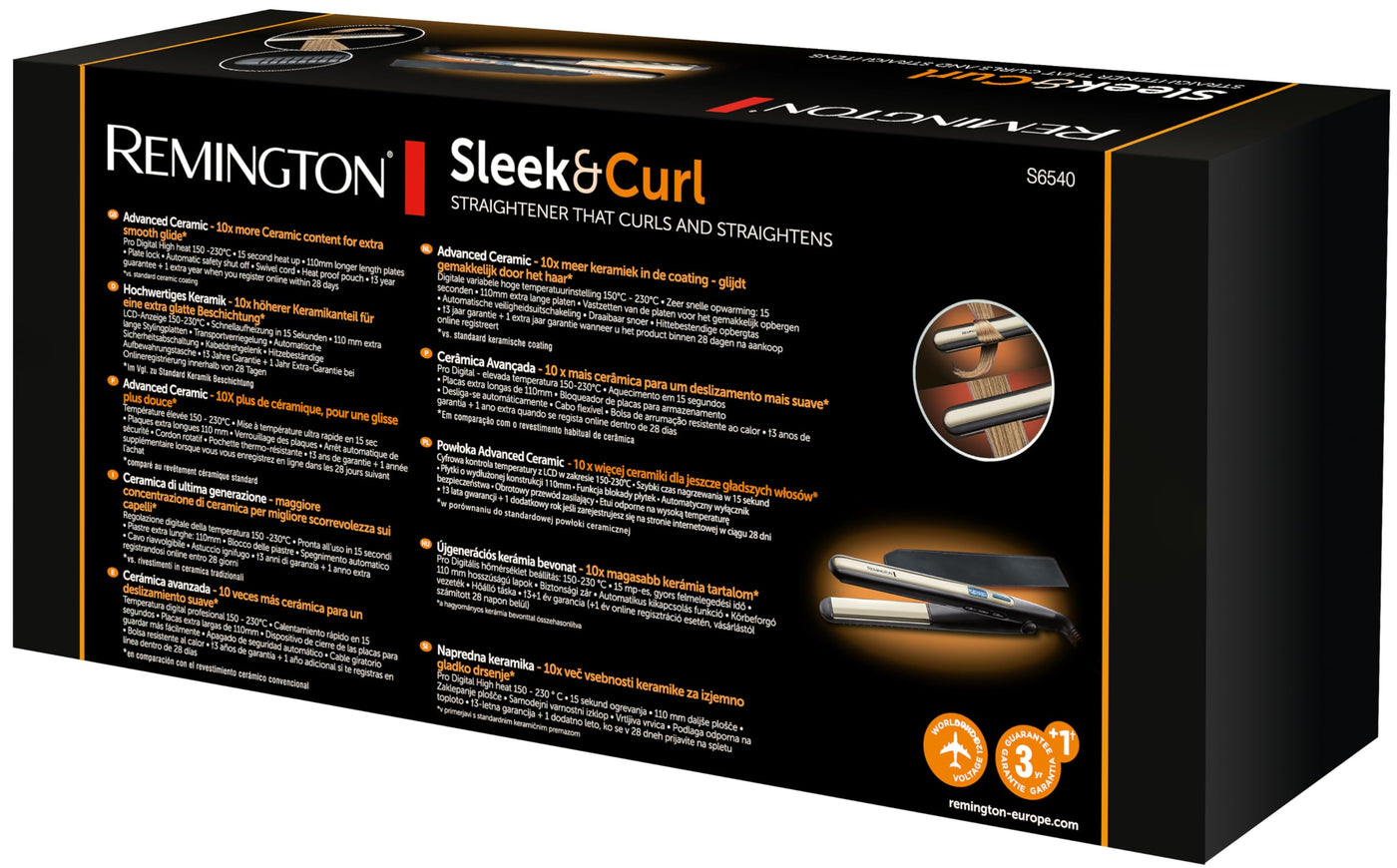 Remington Glätteisen Sleek & Curl (abgerundetes Design -ideal zum Glätten & Stylen von Locken und Wellen, hochwertige Ultra-Turmalin-Keramikbeschichtung) LCD-Display, 150-230°C, Haarglätter S6500