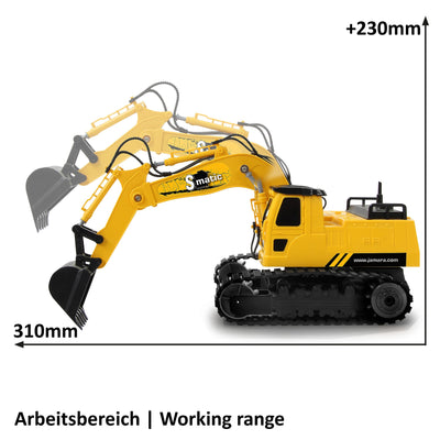 JAMARA 406310 Bagger S-Matic 2,4GHz, Kinderbagger, Spiezeugbagger, RC Kids, Ferngesteuert, Raupenantrieb, Mehrspielerbetrieb, ab 6 Jahre, 360 Grad Turmdrehung, Gelb